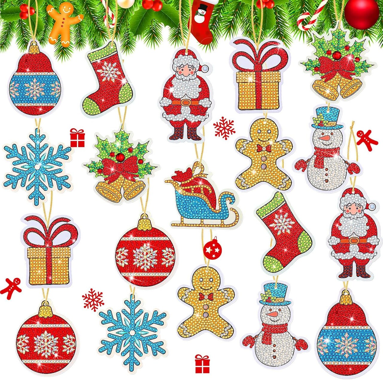 20 Pieces Christmas Diamond Art Ornaments Tags 5d DIY Diamond Painting Keychains Kit Christmas Hanging Diamond Art Kits Diamond Art Christmas Ornaments for Xmas DIY Crafts(Lovely Style)